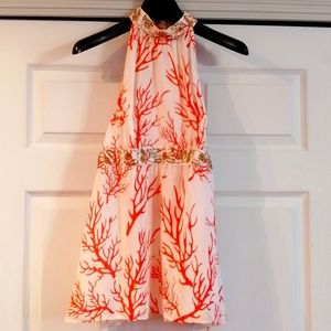 Michael Kors Silk Sleeveless with Gold Beading (Coral on White)